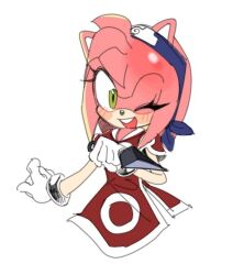 Rule 34 | amy rose, cosplay, dress, forehead, forehead protector, gloves, green eyes, hairband, haruno sakura, haruno sakura (cosplay), hedgehog, hedgehog ears, hedgehog girl, holding, holding knife, holding weapon, japanese clothes, knife, kunai, naruto (series), one eye closed, open mouth, pink fur, red dress, short sleeves, sonic (series), sucho, teeth, upper teeth only, weapon, white background, white gloves