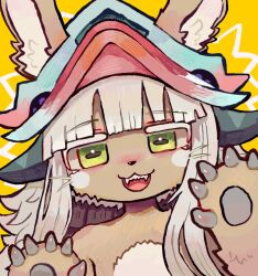 Rule 34 | 1other, animal ears, blush, fangs, furry, green eyes, highres, horizontal pupils, looking at viewer, made in abyss, nanachi (made in abyss), open mouth, smile, solo, teeth, uminosoko44, upper body, upper teeth only, white hair