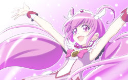 Rule 34 | 10s, 1girl, :d, bow, choker, cure happy, dress, earrings, h-new, hair ornament, highres, hoshizora miyuki, jewelry, long hair, magical girl, open mouth, pink background, pink bow, pink eyes, pink hair, pink theme, precure, skirt, smile, smile precure!, solo, tiara, twintails, wrist cuffs