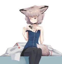 Rule 34 | 1girl, animal ear fluff, animal ears, arknights, black choker, black pantyhose, black skirt, blouse, blue eyes, blue shirt, blush, bra, bra pull, brown hair, choker, closed mouth, clothes pull, coat, collarbone, feet out of frame, flat chest, fox ears, fox girl, fox tail, half-closed eye, highres, looking down, material growth, miniskirt, oripathy lesion (arknights), pantyhose, radioneet, shirt, short hair, simple background, sitting, skirt, sleeveless, sleeveless shirt, solo, sussurro (arknights), tail, underwear, undressing, unworn coat, white background, white bra, white coat