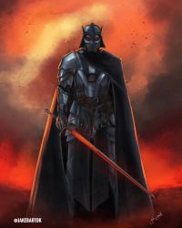 Rule 34 | 1boy, armor, artist name, belt, belt buckle, buckle, cape, chestnut mouth, commentary, darth vader, english commentary, full armor, gauntlets, glowing, glowing weapon, helmet, highres, holding, holding sword, holding weapon, jr bartok, looking at viewer, male focus, plate armor, pouch, shoulder armor, solo, star wars, sword, twitter username, watermark, weapon