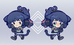 Rule 34 | 1girl, :&lt;, :3, animal ears, arknights, artist name, black footwear, black jacket, black shorts, blue hair, blush, cat ears, cat girl, cat tail, character name, chibi, crying, crying with eyes open, green eyes, grey background, gun, headset, highres, holding, holding gun, holding weapon, implied extra ears, jacket, jessica (arknights), long sleeves, ponytail, sharktuna, shoes, shorts, simple background, sneakers, streaming tears, sweatdrop, tail, tears, weapon
