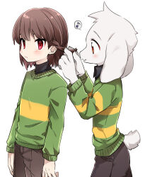 Rule 34 | 1boy, 1other, adjusting another&#039;s hair, alternate hairstyle, arms at sides, asriel dreemurr, black shirt, blush, braid, brown pants, chara (undertale), closed mouth, colored eyelashes, fingernails, from side, furry, furry male, goat boy, green sweater, hair behind ear, hands up, leftporygon, long sleeves, looking ahead, looking at viewer, musical note, orange eyes, pants, red eyes, shirt, short hair, single braid, smile, spoken musical note, striped clothes, striped sweater, sweater, turtleneck, undertale, white background, white fur, white tail, yellow sweater
