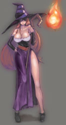 Rule 34 | 1girl, arugeri, bare shoulders, breasts, brown eyes, brown hair, cleavage, collarbone, curvy, detached sleeves, dragon&#039;s crown, dress, fire, fire, hand on own hip, hat, hat over one eye, highres, huge breasts, legs, long hair, long legs, magic, nail polish, one eye covered, shoes, side slit, solo, sorceress (dragon&#039;s crown), spell, staff, standing, strapless, strapless dress, thighs, vanillaware, very long hair, witch, witch hat