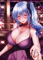 Rule 34 | 1girl, bare arms, blue hair, blush, breasts, city lights, claire rieveldt, cleavage, collarbone, commentary request, commission, dress, eiyuu densetsu, falcom, hair between eyes, highres, holding hands, indoors, large breasts, lens flare, long hair, looking at viewer, nail polish, neck ribbon, open mouth, pixiv commission, purple dress, purple eyes, ribbon, sen no kiseki, side ponytail, sleeveless, sleeveless dress, upper body, yuuzuki hijiri