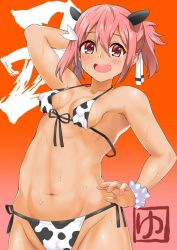 Rule 34 | 1girl, alternate costume, animal print, armpits, bikini, blush, bow, breasts, chinese zodiac, cow horns, cow print, female focus, flat chest, front-tie bikini top, front-tie top, gradient background, hair between eyes, hair ornament, hair ribbon, hakase yurisuki, halterneck, horns, long hair, looking at viewer, open mouth, orange background, parted bangs, pink background, pink eyes, pink hair, print bikini, ribbon, side-tie bikini bottom, small breasts, smile, solo, stomach, string bikini, swimsuit, teeth, upper teeth only, white bikini, year of the ox, yuuki yuuna, yuuki yuuna wa yuusha de aru, yuusha de aru
