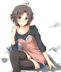 Rule 34 | 1girl, antenna hair, arm support, black thighhighs, bow, brown eyes, brown hair, camisole, collarbone, crossed legs, female focus, idolmaster, idolmaster (classic), jiino, kikuchi makoto, long sleeves, looking at viewer, parted lips, shirt, short hair, shorts, simple background, sitting, solo, thighhighs, white background, zettai ryouiki