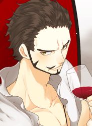 Rule 34 | 1boy, alcohol, black hair, chair, chinstrap, cup, curry gohan, dracule mihawk, drinking glass, glass, jewelry, kuraigana island, male focus, necklace, one piece, red upholstery, shirt, solo, white shirt, wine, wine glass, yellow eyes