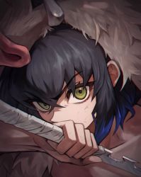 1boy artist_request black_hair fur gradient_hair green_eyes hashibira_inosuke highres holding holding_sword holding_weapon kimetsu_no_yaiba looking_at_viewer male_focus multicolored_hair muscular pig_mask portrait short_hair solo sword topless_male weapon