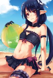 Rule 34 | 1girl, anette (pso2), arm garter, arm support, bad id, bad pixiv id, ball, beach, beachball, bikini, bikini skirt, black bikini, black gloves, black hair, blue sky, blush, bow, braid, bridal garter, brown eyes, closed mouth, cloud, day, flat chest, gloves, hair ornament, hairclip, holding, holding ball, long hair, low twintails, navel, on ground, outdoors, phantasy star, phantasy star online 2, pointy ears, red bow, ribbon, sand, shimotsuki shio, shore, sitting, sky, smile, solo, striped, striped bow, swimsuit, twintails, very long hair, water