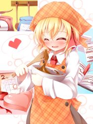 Rule 34 | 1girl, apron, bad id, bad pixiv id, blonde hair, blush, book, bookmark, bowl, calendar (object), chocolate, chocolate making, closed eyes, fang, hair ribbon, head scarf, heart, highres, kitchen scale, kuroyume (dark495), long sleeves, open book, open mouth, plaid, plaid apron, ribbon, rumia, short hair, solo, spatula, spoken heart, touhou, valentine, weighing scale, wooden spoon