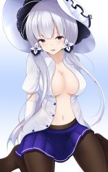 Rule 34 | 1girl, :d, absurdres, alternate costume, azur lane, bad id, bad pixiv id, black pantyhose, blue eyes, blush, breasts, cleavage, commentary request, doyachii, elbow gloves, gloves, gradient background, hat, highres, illustrious (azur lane), large breasts, long hair, looking at viewer, navel, open mouth, pantyhose, pleated skirt, school uniform, simple background, sitting, skirt, smile, solo, sun hat, tri tails, wariza, white gloves, white hair