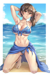 Rule 34 | 1girl, arms behind head, arms up, bare shoulders, beach, bikini, blue bikini, blue sarong, breasts, brown eyes, brown hair, collarbone, commission, highres, kaga (kancolle), kantai collection, kneeling, kokuzou, large breasts, looking at viewer, medium hair, navel, ocean, sarong, short sidetail, side ponytail, skeb commission, solo, swimsuit