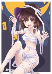 Rule 34 | 1girl, :d, absurdres, bandaged leg, bandages, bare tree, black hat, blush, border, bow, breasts, brown eyes, brown hair, building, chest sarashi, claw pose, cleavage, commentary request, crescent moon, eyelashes, fangs, fedora, feet out of frame, hair between eyes, hair bow, hands up, hat, highres, knee up, looking at viewer, moon, naked bandage, navel, night, night sky, open mouth, outdoors, outside border, ramie (ramie541), revision, sarashi, short hair, sitting, sky, small breasts, smile, solo, stomach, thighs, touhou, tree, usami renko, white border, white bow