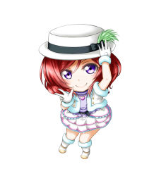 Rule 34 | 10s, 1girl, belt, boots, chibi, fur-trimmed boots, fur-trimmed gloves, fur trim, gloves, hand on headwear, hat, hat feather, highres, kuena, looking at viewer, love live!, love live! school idol project, nishikino maki, purple eyes, red hair, short hair, simple background, skirt, smile, snow halation, solo, standing, w, white background