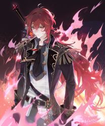 Rule 34 | 1boy, absurdres, ascot, aylar, black coat, black pants, closed mouth, coat, diluc (genshin impact), epaulettes, fire, genshin impact, gloves, greatsword, hair between eyes, highres, long hair, long sleeves, looking at viewer, male focus, pants, red eyes, red hair, solo, sword, twitter username, vision (genshin impact), weapon, weapon on back, wolf&#039;s gravestone (genshin impact)