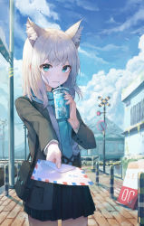 Rule 34 | 1girl, absurdres, animal ears, bag, blue archive, blue eyes, blue scarf, blue sky, blurry, cloud, cloudy sky, commentary, cup, depth of field, disposable cup, drink, drinking straw, drinking straw in mouth, dual wielding, english commentary, english text, giving, hair between eyes, highres, holding, holding cup, holding letter, holding paper, letter, long sleeves, looking at viewer, mountainous horizon, paper, plaid, plaid skirt, pleated skirt, railroad crossing, railroad crossing ahead sign, railroad tracks, scarf, school bag, school uniform, shiroko (blue archive), short hair, shoulder bag, sidelocks, simo (user fshg3833), skirt, sky, smile, solo, white hair, wolf ears