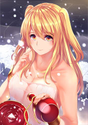 Rule 34 | 1girl, aiiyu, bare arms, blonde hair, breasts, cleavage, collarbone, hair between eyes, light smile, long hair, looking at viewer, naked towel, nengajou, new year, off shoulder, original, see-through silhouette, snowing, solo, towel, twintails, two side up, yellow eyes