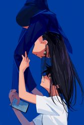 Rule 34 | 1boy, 1girl, black hair, blue background, blue jacket, breasts, brother and sister, cellphone, closed mouth, eye contact, glasses, hand on another&#039;s arm, highres, holding, holding hands, holding phone, jacket, large breasts, long hair, long sleeves, looking at another, minakata hizuru, minakata ryuunosuke, parted lips, phone, shirt, short hair, short sleeves, siblings, simple background, smile, summertime render, upper body, upside-down, white shirt, woshifeixue