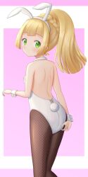 Rule 34 | 1girl, absurdres, alternate costume, animal ears, back, blonde hair, blush, braid, brown pantyhose, closed mouth, commentary request, creatures (company), fishnet pantyhose, fishnets, game freak, green eyes, hairband, highres, leotard, lillie (pokemon), long hair, looking back, nintendo, offencearmor-0131, pantyhose, playboy bunny, pokemon, pokemon sm, ponytail, rabbit ears, rabbit tail, raised eyebrows, shoulder blades, solo, tail, white hairband, white leotard, wrist cuffs