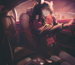 Rule 34 | 1girl, absurdres, animal ear fluff, animal ears, arknights, belt, black hair, black jacket, black shorts, car, car interior, cigarette, cityscape, closed mouth, collared shirt, domi (hongsung0819), driving, evening, film grain, gloves, highres, holding, holding cigarette, huge filesize, jacket, long sleeves, looking at viewer, motor vehicle, multicolored hair, off shoulder, official alternate costume, open clothes, open jacket, pink gloves, ponytail, red eyes, red hair, red shirt, red sky, shirt, short shorts, shorts, sitting, sky, smoke, smoking, solo, texas (arknights), texas (willpower) (arknights), two-tone hair, wolf ears, wolf girl