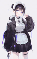 Rule 34 | 1girl, apron, arm at side, artist name, belt, black hair, black jacket, black shirt, black skirt, breasts, buttons, claw pose, closed mouth, collared shirt, cowboy shot, double bun, gomzi, hair bun, hand up, hood, hooded jacket, jacket, long sleeves, looking at viewer, maid, maid apron, maid headdress, medium breasts, open clothes, open jacket, original, puffy long sleeves, puffy sleeves, purple eyes, shirt, short hair, skirt, smile, solo, thigh strap