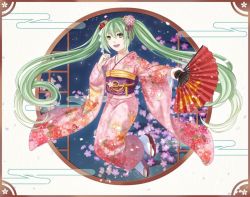 Rule 34 | 1girl, :d, bow, elsa (g557744), floating hair, floral print, flower, full body, green eyes, green hair, hair between eyes, hair bow, hair flower, hair ornament, hair ribbon, hand fan, hatsune miku, holding, holding fan, japanese clothes, kimono, long hair, long sleeves, looking at viewer, obi, open mouth, pink flower, pink kimono, print kimono, purple ribbon, red bow, ribbon, sash, smile, solo, tabi, twintails, very long hair, vocaloid, white legwear, wide sleeves, yukata
