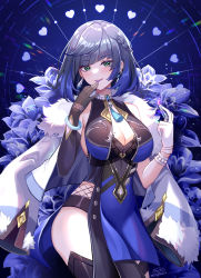 Rule 34 | 1girl, black gloves, blue dress, blue hair, blunt bangs, blush, bob cut, bracelet, braid, breasts, capelet, chinese clothes, cleavage, cosmetics, cowboy shot, dice, dress, earrings, elbow gloves, flower, fur-trimmed jacket, fur trim, genshin impact, gloves, gou lianlian dogface, green eyes, hand up, heart, highres, holding, holding lipstick tube, jacket, jewelry, large breasts, lipstick, lipstick tube, looking at viewer, makeup, mole, mole on breast, off shoulder, parted lips, pelvic curtain, purple lips, short hair, single elbow glove, single glove, solo, tassel, thighs, white gloves, yelan (genshin impact)