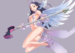 Rule 34 | 1girl, :d, absurdres, ass, black hair, blue eyes, blue hair, blush, breasts, detached sleeves, full body, grey background, headgear, high heels, highres, holding, holding weapon, long hair, long legs, mahou shoujo (raita), matching hair/eyes, navel, nipples, nitta yui, open mouth, q (ed69), revealing clothes, side ponytail, simple background, small breasts, smile, solo, weapon, wings