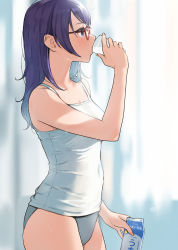 Rule 34 | 1girl, bare shoulders, blurry, blurry background, breasts, camisole, cleavage, cup, curtains, doushimasho, drinking, glasses, highres, holding, holding cup, indoors, long hair, milk, milk carton, original, panties, purple eyes, purple hair, red-framed eyewear, solo, spaghetti strap, standing, underwear, underwear only, white camisole