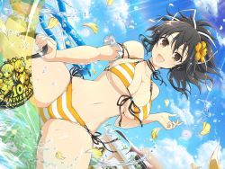 Rule 34 | 1girl, asuka (senran kagura), bare hips, bare legs, bare shoulders, bikini, black hair, breasts, brown eyes, cameltoe, cleavage, dutch angle, floatie, flower, front-tie bikini top, front-tie top, hair flower, hair ornament, hair ribbon, highres, large breasts, looking at viewer, navel, open mouth, outdoors, petals, ponytail, ribbon, rose petals, senran kagura, senran kagura (series), side-tie bikini bottom, sideboob, sitting, smile, solo, spread legs, striped bikini, striped clothes, swimsuit, thick thighs, thighs, underboob, water, water park, water slide, waterpark, wet
