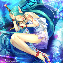 Rule 34 | 1girl, anklet, bad id, bad pixiv id, bare legs, bare shoulders, barefoot, beads, belt, bracelet, bracer, buckle, closed eyes, clothes between thighs, clothing cutout, cuffs, dress, drooling, earrings, elf, from side, green hair, highres, jewelry, lots of jewelry, open mouth, pointy ears, shackles, short dress, side cutout, solo, sword, tattoo, teeth, venus blade, weapon, yamacchi