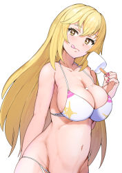 Rule 34 | + +, 1girl, :q, belly, bikini, blonde hair, blush, breasts, commentary request, food, food on body, food on breasts, holding, large breasts, long hair, looking at viewer, nail polish, navel, popsicle, shokuhou misaki, sikijou77o, simple background, solo, stomach, swimsuit, toaru kagaku no railgun, toaru majutsu no index, tongue, tongue out, white background, white bikini, yellow eyes