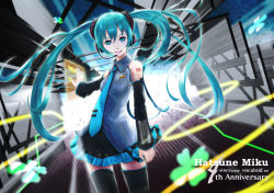 Rule 34 | 1girl, aqua eyes, aqua hair, character name, detached sleeves, happy birthday, hatsune miku, headphones, headset, highres, long hair, looking at viewer, museum2088, skirt, smile, solo, thighhighs, twintails, very long hair, vocaloid, zettai ryouiki