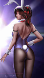 Rule 34 | 1girl, animal ears, arm strap, ass, bandana, bare shoulders, breasts, brown eyes, brown hair, detached collar, fake animal ears, final fantasy, final fantasy vii, final fantasy vii remake, from behind, hand on own hip, headband, highres, jessie rasberry, large breasts, leotard, liang xing, lips, looking at viewer, medium hair, pantyhose, playboy bunny, ponytail, purple leotard, rabbit ears, rabbit tail, red bandana, red headband, signature, solo, square enix, strapless, strapless leotard, tail, watermark, web address, wrist cuffs