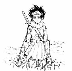 Rule 34 | 1girl, belt, breasts, cape, circlet, closed mouth, dragon quest, dragon quest iii, gloves, grass, greyscale, highres, kotoyama, looking at viewer, monochrome, roto (dq3), short hair, skirt, solo, sword, weapon, white background