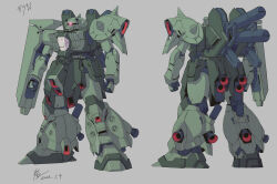 Rule 34 | arms at sides, clenched hands, commentary request, dated, glowing, glowing eye, grey background, gundam, highres, homare (fool&#039;s art), mecha, mobile suit, moon gundam, multiple views, no humans, one-eyed, red eyes, robot, science fiction, shoulder spikes, signature, simple background, spikes, standing, thrusters, turnaround, zaku iv