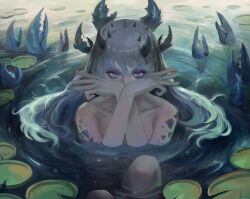 Rule 34 | 1girl, black horns, blue eyes, cancer (zodiac), collarbone, commentary, covered mouth, english commentary, grey hair, hair between eyes, hands up, highres, horns, lily pad, long hair, looking at viewer, multiple horns, nude, original, partially submerged, photoshop (medium), pincers, scales, seuyan, solo, water, zodiac