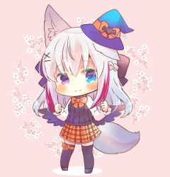 Rule 34 | animal ear fluff, animal ears, black footwear, black thighhighs, black wings, blue eyes, blue hat, blush, bow, brown background, chibi, closed mouth, commentary request, feathered wings, floral background, full body, hair between eyes, hair ornament, hairclip, hands up, hat, heterochromia, kou hiyoyo, long sleeves, mini hat, mini witch hat, multicolored hair, orange bow, orange skirt, original, plaid, plaid skirt, purple eyes, red hair, shirt, shoes, skirt, smile, solo, standing, streaked hair, sweater vest, tail, thighhighs, white hair, white shirt, wings, witch hat, x hair ornament