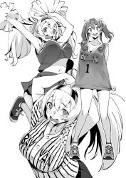 Rule 34 | 2girls, :d, bouncing breasts, breasts, character name, cheerleader, cleavage, gambier bay (kancolle), gotland (kancolle), greyscale, hands up, highres, kantai collection, large breasts, long hair, looking at viewer, mole, mole under eye, monochrome, multiple girls, multiple views, nonco, open mouth, pleated skirt, pom pom (cheerleading), shirt, shoes, skirt, smile, tears, twintails, white background