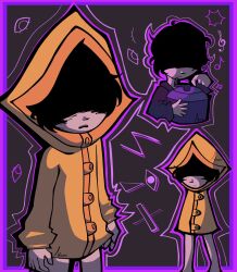 Rule 34 | black hair, black shirt, border, disembodied eye, grey background, highres, little nightmares, m4carunes, medjed (mythology), musical note, no pants, open mouth, purple border, raincoat, shaded face, shirt, six (little nightmares), treble clef