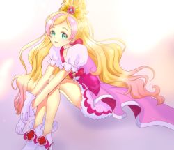 Rule 34 | 1girl, blonde hair, bow, choker, cure flora, floating hair, gloves, go! princess precure, green eyes, haruno haruka, highres, long hair, looking at viewer, magical girl, miniskirt, mitaka, multicolored hair, parted lips, pink skirt, precure, red bow, short sleeves, sitting, skirt, solo, streaked hair, swept bangs, very long hair, white background, white footwear, white gloves