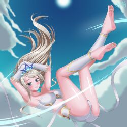 Rule 34 | 1girl, barefoot, blue eyes, blush, feet, highres, janna (league of legends), league of legends, long hair, looking at viewer, parted lips, sky, soles, tiara, toes