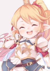 Rule 34 | 1girl, :d, ^ ^, armor, blonde hair, blush, breastplate, charlotta (granblue fantasy), closed eyes, commentary request, crown, facing viewer, female focus, gauntlets, granblue fantasy, grey background, harvin, highres, jingai modoki, long hair, open mouth, pointy ears, ponytail, simple background, smile, solo, teeth, twitter username, upper teeth only