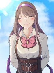 Rule 34 | 1girl, ^ ^, arms behind back, assault lily, belt, belt buckle, black belt, blue sky, blush, bow, bowtie, brown hair, buckle, closed eyes, closed mouth, cloud, collared shirt, commentary, corset, day, facing viewer, hair ribbon, hairband, highres, jewelry, kishimoto maria mirai, long hair, ludvico private girls&#039; academy school uniform, mimura (eh mi0), multiple belts, necklace, outdoors, pendant, pink bow, pink bowtie, purple hairband, purple ribbon, ribbon, school uniform, shirt, sidelocks, sky, smile, solo, standing, suspenders, swept bangs, underbust, upper body, white shirt, zipper pull tab