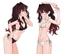 Rule 34 | 1girl, armpits, arms up, bare arms, bare shoulders, bikini, black bikini, blue eyes, breasts, brown hair, cleavage, closed mouth, collarbone, contrapposto, cowboy shot, elisia valfelto, frilled bikini, frills, grin, groin, hair intakes, halterneck, hand on own hip, hand on own chin, highres, long hair, looking at viewer, low twintails, luicent, multiple views, navel, original, side-tie bikini bottom, simple background, small breasts, smile, standing, stomach, string bikini, swimsuit, thighs, twintails, white background, white bikini