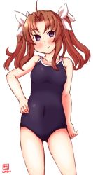 Rule 34 | 1girl, ahoge, alternate costume, artist logo, black one-piece swimsuit, brown hair, collarbone, commentary request, competition school swimsuit, covered navel, dated, flat chest, gluteal fold, hair ribbon, hand on own hip, highres, kagerou (kancolle), kagerou kai ni (kancolle), kanon (kurogane knights), kantai collection, long hair, looking at viewer, one-piece swimsuit, purple eyes, ribbon, school swimsuit, simple background, smile, solo, standing, swimsuit, twintails, white background, white ribbon