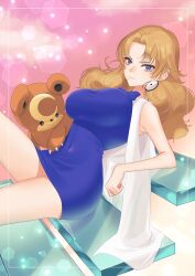 Rule 34 | 1girl, absurdres, aged up, blue dress, blue eyes, breasts, brown hair, creatures (company), dress, earrings, game freak, gen 2 pokemon, highres, jewelry, large breasts, long hair, looking at viewer, molly hale, nintendo, on stairs, parted bangs, pink background, pokemon, pokemon (anime), pokemon (classic anime), pokemon (creature), pokemon 3: the movie - spell of the unown: entei, short dress, sitting, solo, teddiursa, tight clothes, tight dress, vuipui, wavy hair
