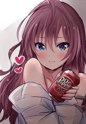 Rule 34 | 1girl, :3, artist request, bare shoulders, blue eyes, blush, brown hair, can, commentary request, copyright name, dr pepper, drink can, ichinose shiki, idolmaster, idolmaster cinderella girls, long hair, looking at viewer, shirt, simple background, soda, soda can, solo, white shirt