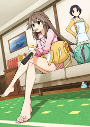 Rule 34 | 2girls, absurdres, apron, bare legs, barefoot, brown eyes, brown hair, bulbasaur, commentary request, controller, cookie, couch, creatures (company), crossed legs, feet, food, food in mouth, full body, game freak, gen 1 pokemon, gen 2 pokemon, hands on own hips, highres, holding, holding remote control, indoors, jii (seiga7099526), kanto mother (rgby/frlg), lapras, leaf (pokemon), living room, long hair, magikarp, marill, mother (pokemon), mother and daughter, multiple girls, nintendo, pajamas, pokemon, pokemon (creature), pokemon frlg, pokemon rgby, pov, remote control, sitting, sleeping, slippers, stuffed toy, toes